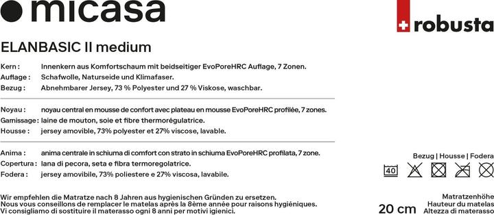 Nutritional values and ingredients Robusta Swiss Bedding Elanbasic II (120 x 200 cm, Foam core)