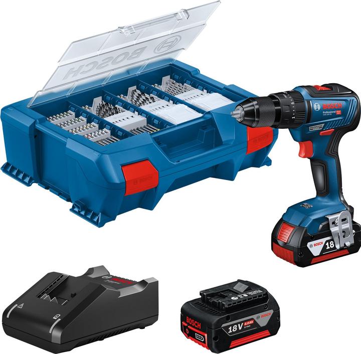 Ladegerät GAL 18V-20 Professional, L-Case Pick & Click, 2 x Akku GBA 18V 4.0Ah, 82-teiliges Zubehör-Set