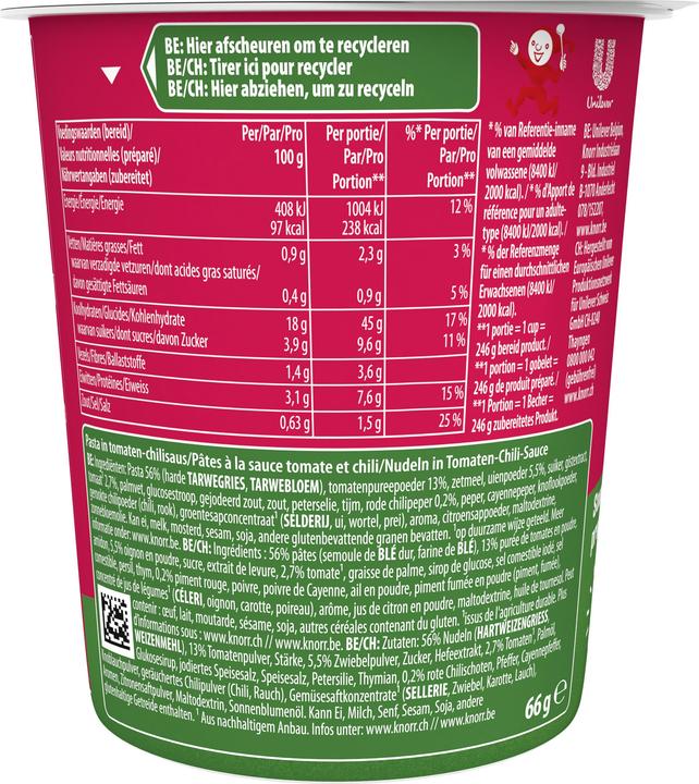 Nährwerte und Zutaten Knorr Pasta Snack Arrabbiata Becher, Instant Fertiggericht mit pikanter Sauce, in 5 Minuten zubereitet (80 g)