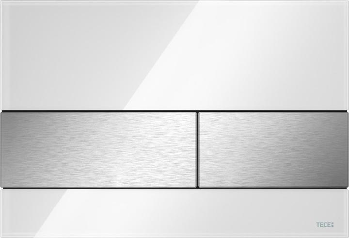 TECE Square WC flush plate glass white, brushed stainless steel buttons