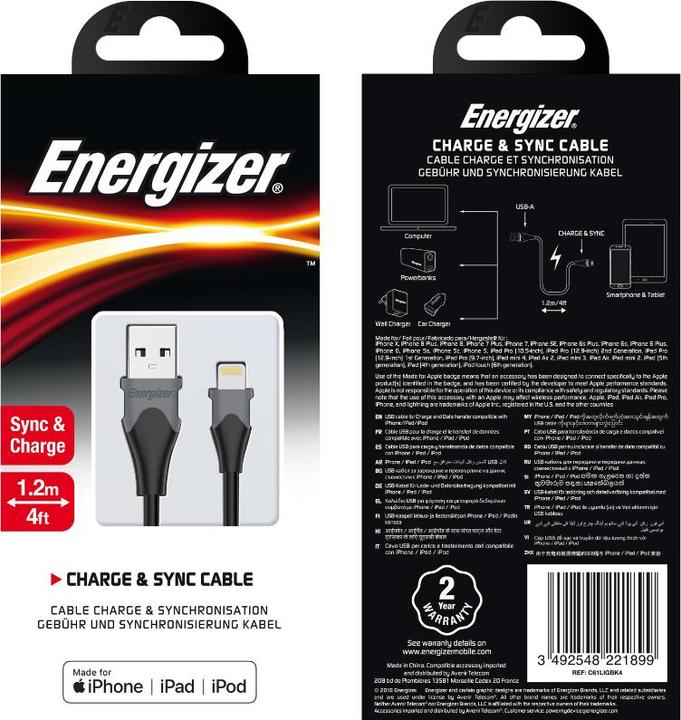 Immagine prodotto Energizer Cavo classico lightning bicolore 1,2 m nero (1.20 m, USB 1.0)