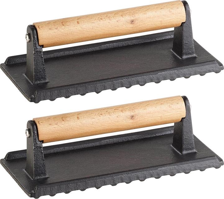 Produktbild Rosenstein & Söhne 2er-Set BBQ-Fleischbeschwerer & Burgerpressen, emailliertes Gusseisen