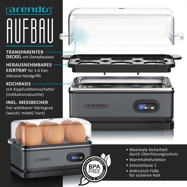 Produktbild Arendo Frühstücks Set, 2-Scheiben Langschlitz Toaster mit Brötchenaufsatz & Eierkocher für 6 Eier, Grau (EU-Stecker)