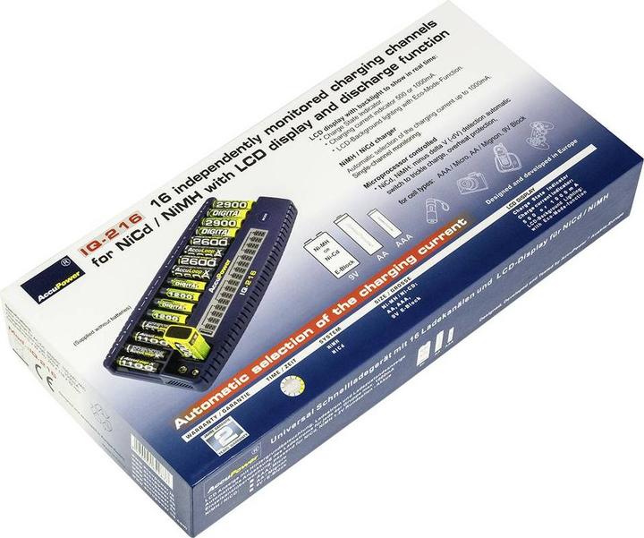 Productafbeelding AccuPower IQ216 (1 Pcs., 9V Block, AA, AAA, Oplaadbare batterijen + lader)