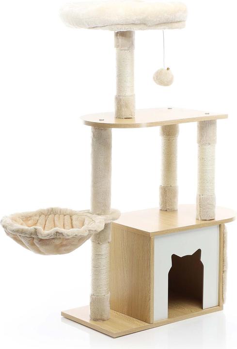 Fudajo Cat Tree Wooden Beige 106cm Scratching Post with Cat House Sisal Scratching Trunks and Divans (106 cm, Beige, Wood)
