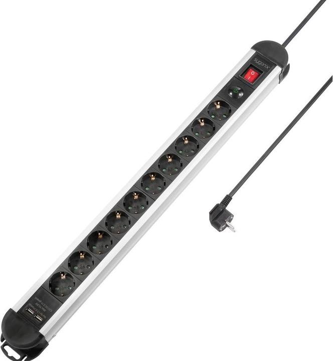 Produktbild Sygonix SY-4755858Überstromschutz-Steckdosenleiste Silber Schwarz Schutzkontakt 1 St. (10 x, CEE 7/3, 1.50 m)