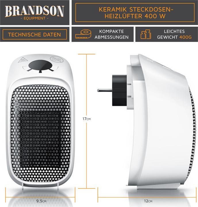 Actual product image Brandson Socket Mini Fan Heater, Ceramic Fan Heater 400W, Bathroom Heater with Temperature Control (400 W)