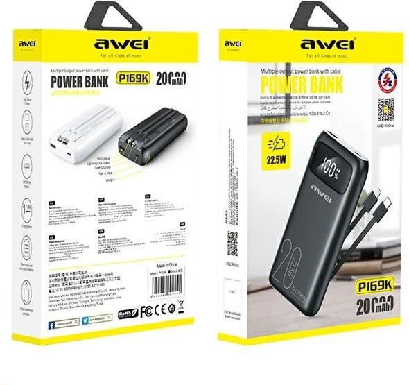 Produktbild Awei PowerBank P169K 20000mAh 22.5W czarny/black wyświetlacz + kable PD/Lightning (20000 mAh, 22 W)