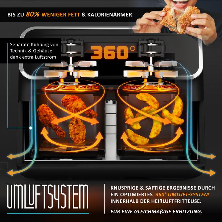 Produktbild Arendo Heissluftfritteuse XXL Doppelkammer Airfryer 8L, Dual Zone, Backofen, Edelstahl, 2700 W, mit Zubehör (CH-Stecker)