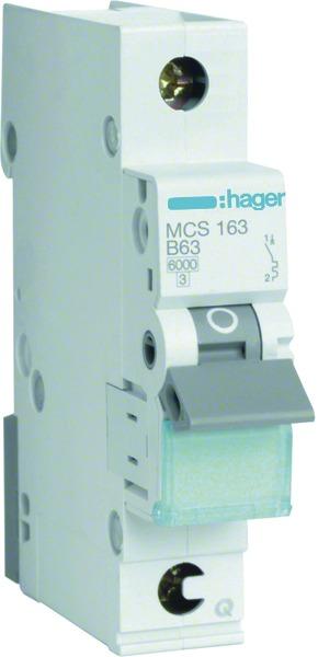 Actual product image Hager MCS163 circuit breaker 1P 6kA C-63A 1M