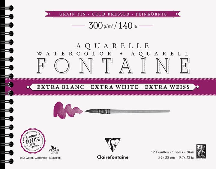 Produktbild Clairefontaine Fontaine, Aquarellpapier extraweiss feinkörnig, Spiralblock 12 Bogen 300g 24x30 cm - (12 x)