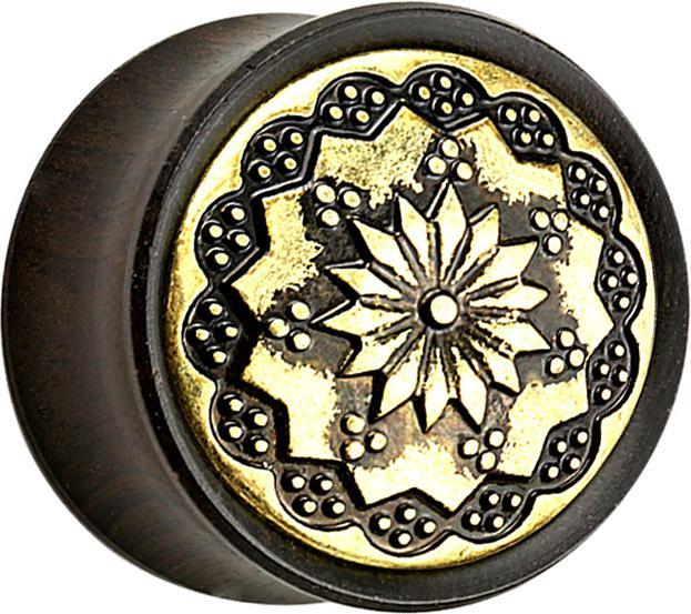 Star Piercing Flared Plug aus Ebenholz Tribal Blume (Organisch, Messing)