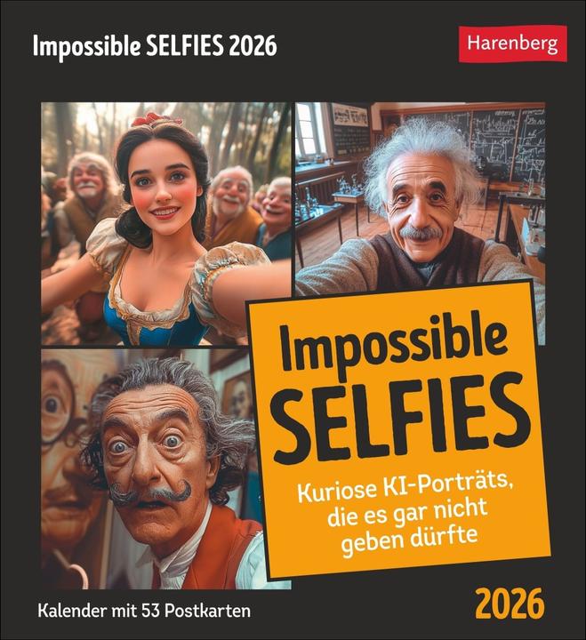 Actual product image Harenberg Impossible Selfies Postkartenkalender 2026 - Kuriose KI-Porträts, die es gar nicht geben dürf (German, English)