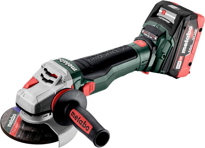 Schutzhaube, Zusatzhandgriff Metabo VibraTech (MVT), Staubschutzfilter, 2 LiHD Akkupacks (18 V/5,5 Ah), Schnellladegerät ASC 145 "AIR COOLED", metaBOX 165 L, Stützflansch, M-Quick-Spannmutter