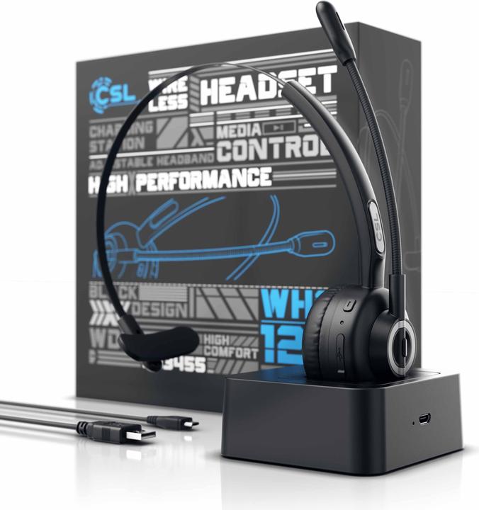 Produktbild CSL Kabelloses Headset mit Ladestation, Wireless Mono Headset, flexibles Mikrofon, Rauschunterdrückung (Kabellos)