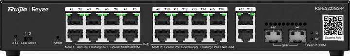 Image du produit Ruijie 20-Port Gigabit Smart POE Switch, 16 ports PoE/POE+ avec 2 ports de liaison montante Gigabit RJ45/2 (20 Ports)
