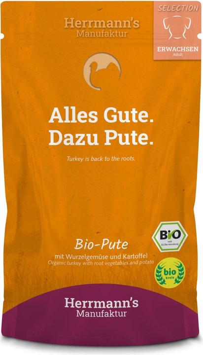 Produktbild Herrmanns Nassfutter Bio Pute mit Wurzelgemüse, Kartoffeln und Fenchel (Adult, Senior, Welpe + Kitten, 1 Stk., 160 g)