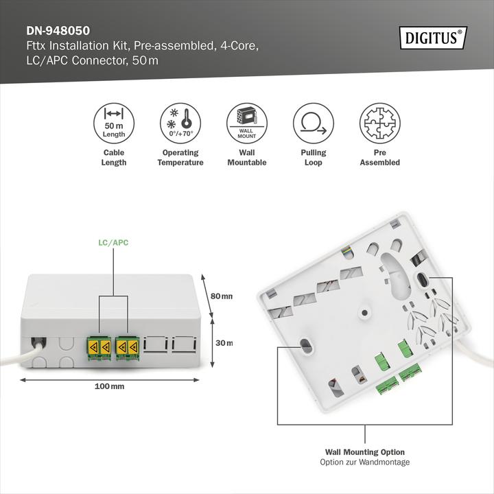 Immagine prodotto Digitus Kit di installazione Fttx LC/APC preassemblato/4 fibre/50m (50 m)