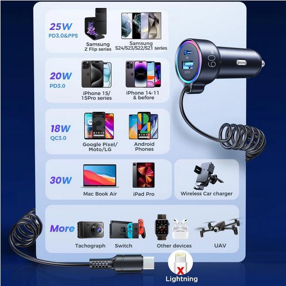 Immagine prodotto Joyroom Caricabatterie da auto con cavo 3-in-1 (55W)