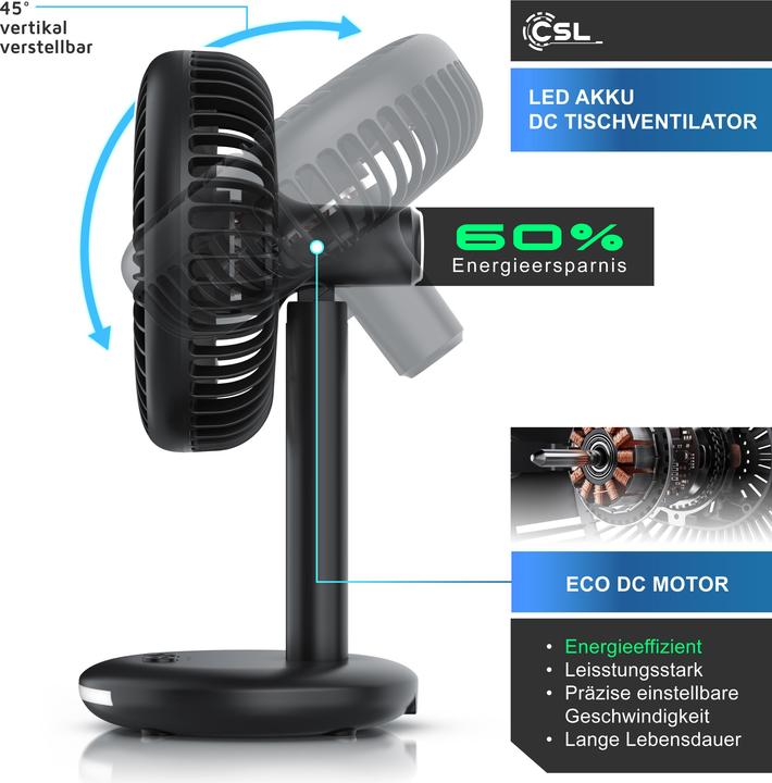 Immagine prodotto CSL Akku Tischventilator, USB Mini Desk Fan, Schreibtischventilator, sehr leise, neigbar, mobiler Lüfter (46.50 dB)