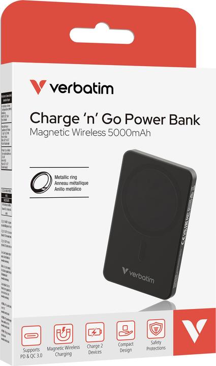 Produktbild Verbatim Charge 'n' Go Essentials Power Bank Magnetic Wireless 5000mAh Black (5000 mAh, 20 W, 18.50 Wh)