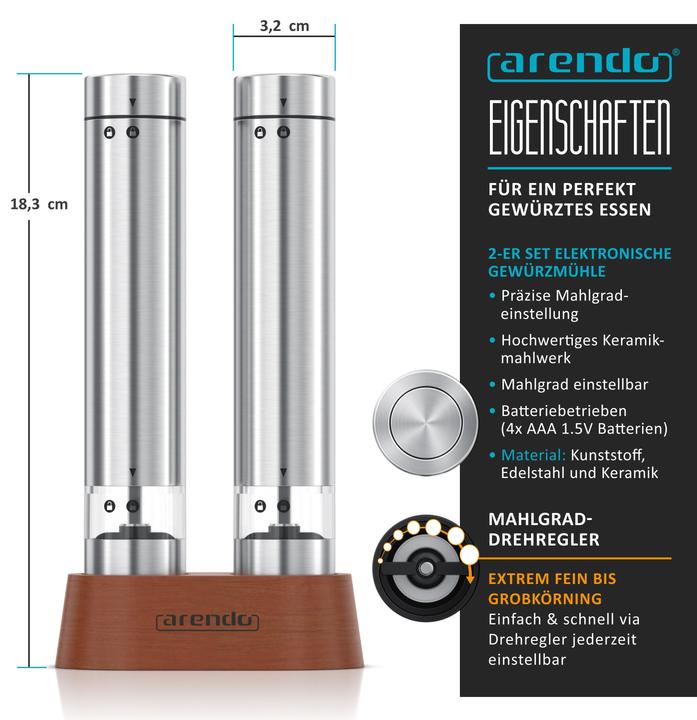 Actual product image Arendo Salz- & Pfeffermühle Elektrisch 2er Set, Gewürzmühlen, Edelstahl, Glasbehälter, Batteriebetrieben (Pepper, Herbs, Salt)