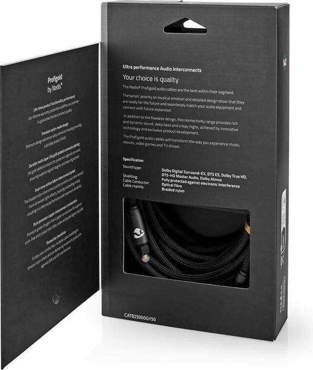 Produktbild Nedis Optical audio cable TosLink Male, 5m, round, braided - Gray With Metal (5 m, TOSLINK)