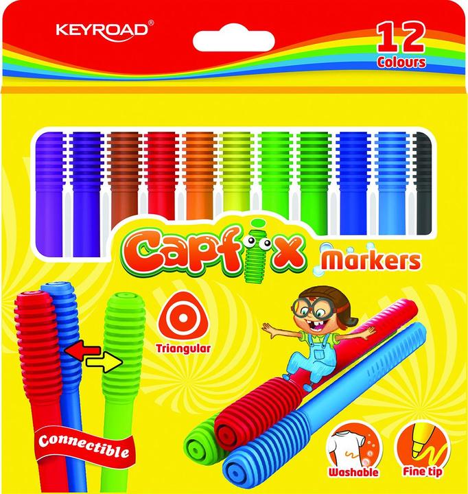 Keyroad Capfix marker, 12 pcs, triangular, washable, connected, tags, colour mix (Multicoloured, 3 mm, 1 x)