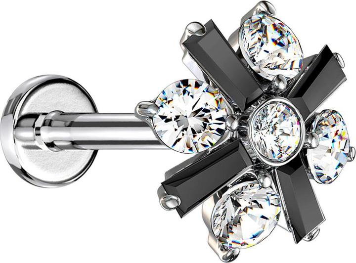 Star Piercing Micro Labret Innengewinde silber Kreuz Kristallblume schwarz (Messing, Chirurgenstahl 316L)