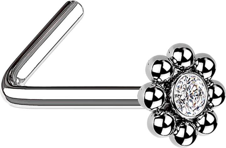 Star Piercing Nasenstecker gewinkelt silber Blume mit Kugeln und Kristall (ohne Messing, Chirurgenstahl 316L)
