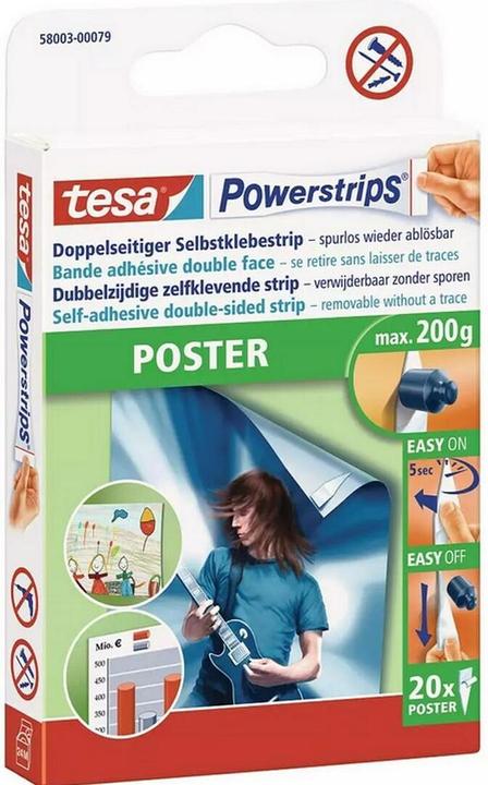 Image du produit tesa 3x Powerstrips POSTER, 200g Halteleistung, 60x doppelseitige Klebestreifen