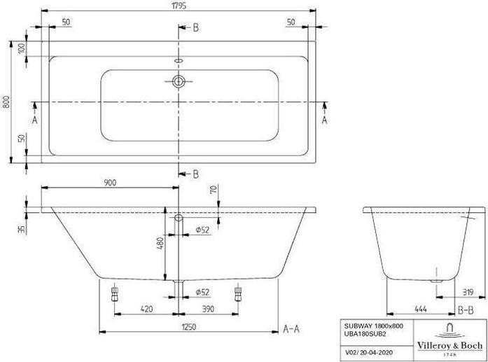 Produktbild Villeroy & Boch Rechteckbadewanne Subway 80 x 180 cm alpinwei glatt UBA180SUB2V-01 (180 l, 180 cm, 80 cm)
