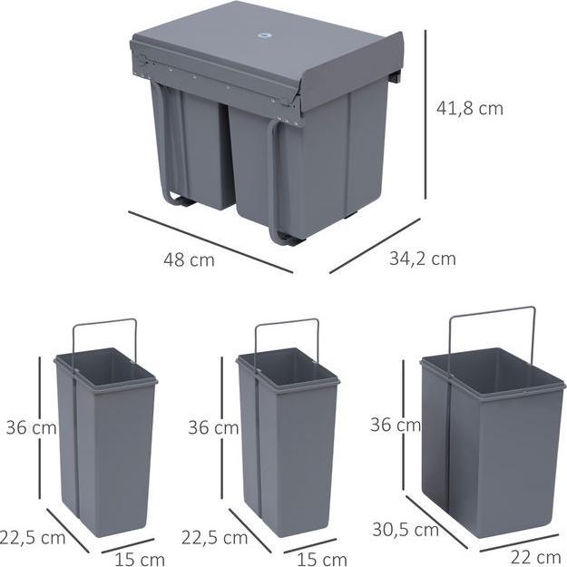 Image du produit Swisshandel24 40L Einbaumülleimer Unterschrank ausziehbarer Müllsammler mit 3 Fächer Grau (40 l)