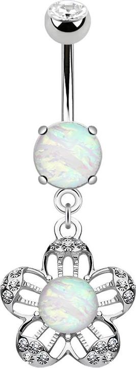 Star Piercing Banane silber mit Anhänger Blume mit Kristallen und Opal (Chirurgenstahl 316L, Messing)