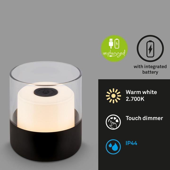 Actual product image Briloner Rechargeable LED table lamp, with glass, black, 1xLED/2W (150 lm)