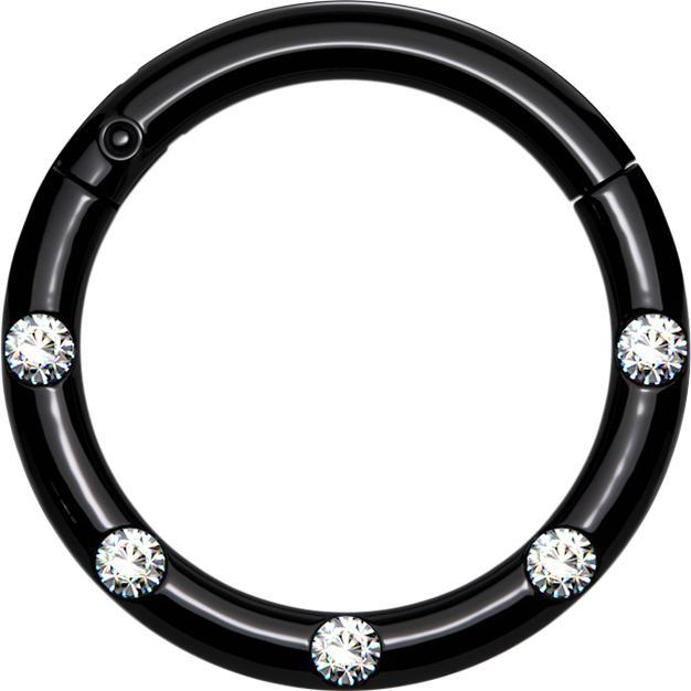 Actual product image Star Piercing Micro segment ring hinged black front five crystals silver (without brass, Surgical steel 316L)