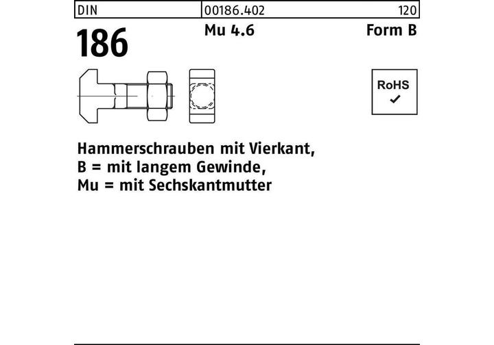 Productafbeelding T-kopbout DIN 186 vorm B vierkant met zeskantmoer BM 6 x 45 Mu 4,6