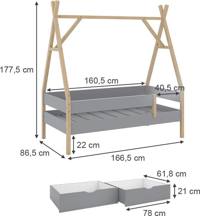 Produktbild VitaliSpa Tipi-Bett Bali, Grau, 80x160 cm mit 2 Schubladen (80 x 160 cm)