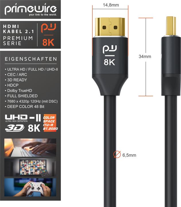 Actual product image Primewire HDMI Cable 2.1, 8K 60 Hz, Premium Ultra HD, High Speed 7680 x 4320 @ 120 Hz - 4k @ 240 Hz with DSC (3 m, HDMI)