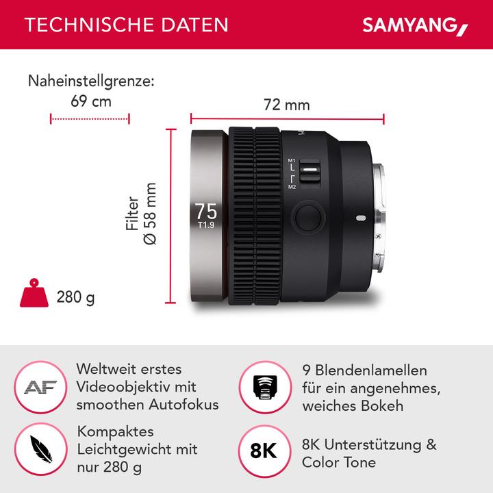 Actual product image Samyang V-AF 75mm T1.9, Sony E (Sony E, full size)