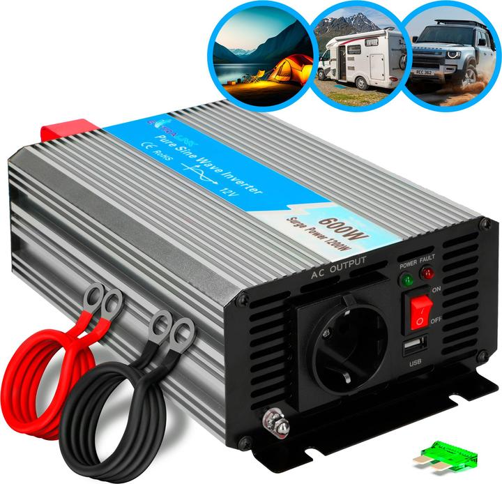 Image du produit Extralink VOLTAGE CONVERTER -,, PURE SINUS OPIP-600W power adapter/inverter Auto Aluminium, Black