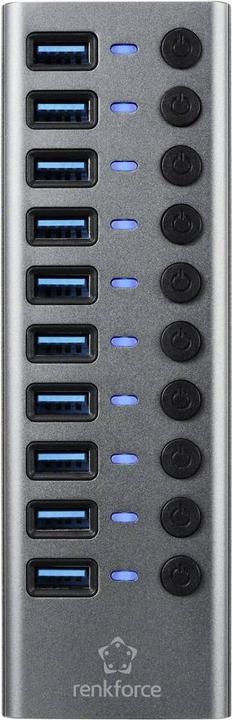 Image du produit Renkforce Commutateur 10 ports USB 3.2 Gen 1 + Hub (USB 3.0) avec boîtier aluminium Argent-Noir (USB-A, 10 Ports)