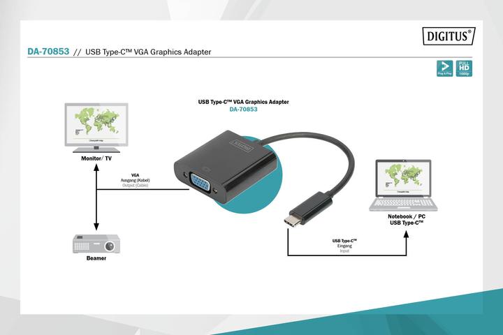 Image du produit Digitus USB à VGA (USB-C, VGA, 19.50 cm)