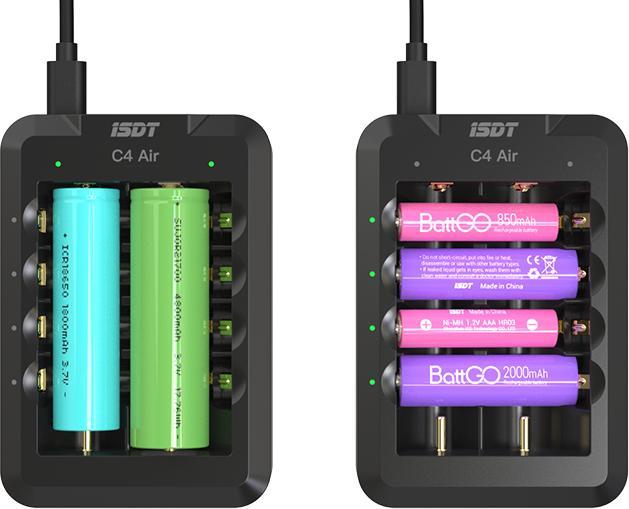 Actual product image Isdt Charger C4 Air USB-C, for NiMH & Li-ion (1 pcs., 10440, 10500, 12500, 13500, 14500, 14650, 16650, 17650, 17670, 18650, 18700, 20700, 21700, 22650, 26650, AAA, AA, Battery + charger)