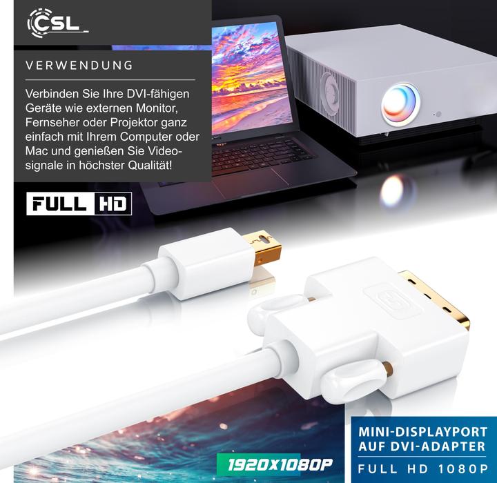 Produktbild CSL Mini DisplayPort zu DVI Video-Kabel, miniDP Monitor Adapter Kabel, für Apple, PC's & Notebooks (5 m, DisplayPort, DVI)