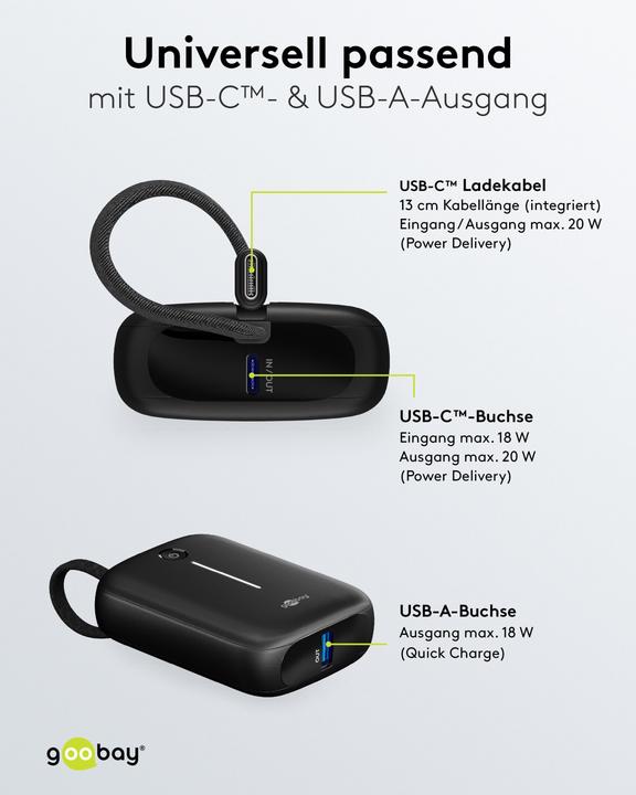 Produktbild Goobay Powerbank 10.000 mAh mit integriertem USB-C-Kabel (10000 mAh, 15 W)
