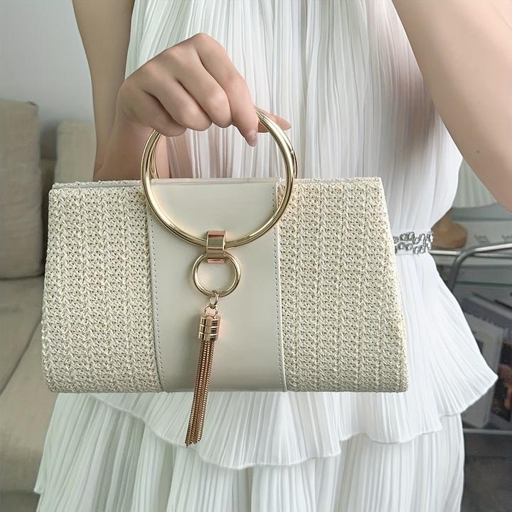 Produktbild Only-Bags.Store Abendtasche aus Stroh mit Quasten, elegante Umhängetasche mit abnehmbarem Riemen, sommerliche