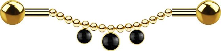 Star Piercing Barbell vergoldet zwei Kugeln Kette drei Onyx Steine (Mineralisch, Chirurgenstahl 316L, ohne Messing)
