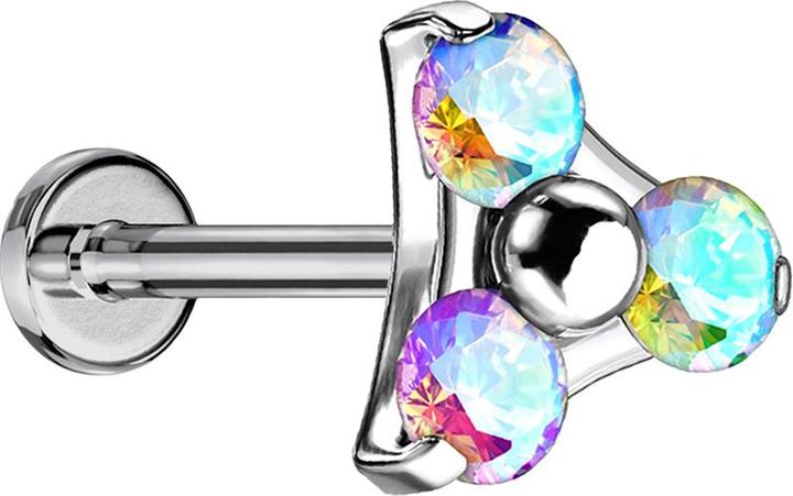 Produktbild Star Piercing Micro Threadless Labret silber Dreieck drei Kristalle multicolor (ohne Messing, Titan G23)