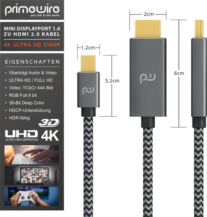 Actual product image Primewire Mini DisplayPort to HDMI Type A Cable, 4k mDP 1.4 to HDMI 2.0 Adapter, 4k@60Hz, Thunderbolt 1-2 (1 m, HDMI, Other)